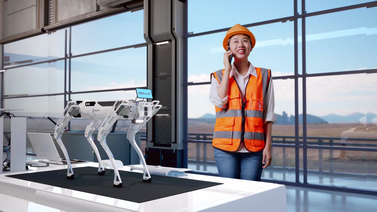 corpo pieno di ingegnere donna asiatica con casco di sicurezza che parla sullo smartphone mentre si trova in una fabbrica ad alta tecnologia, analizzando il concetto di macchina robotica