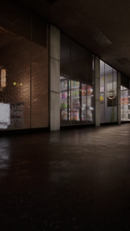 dark hallway with store windows at night