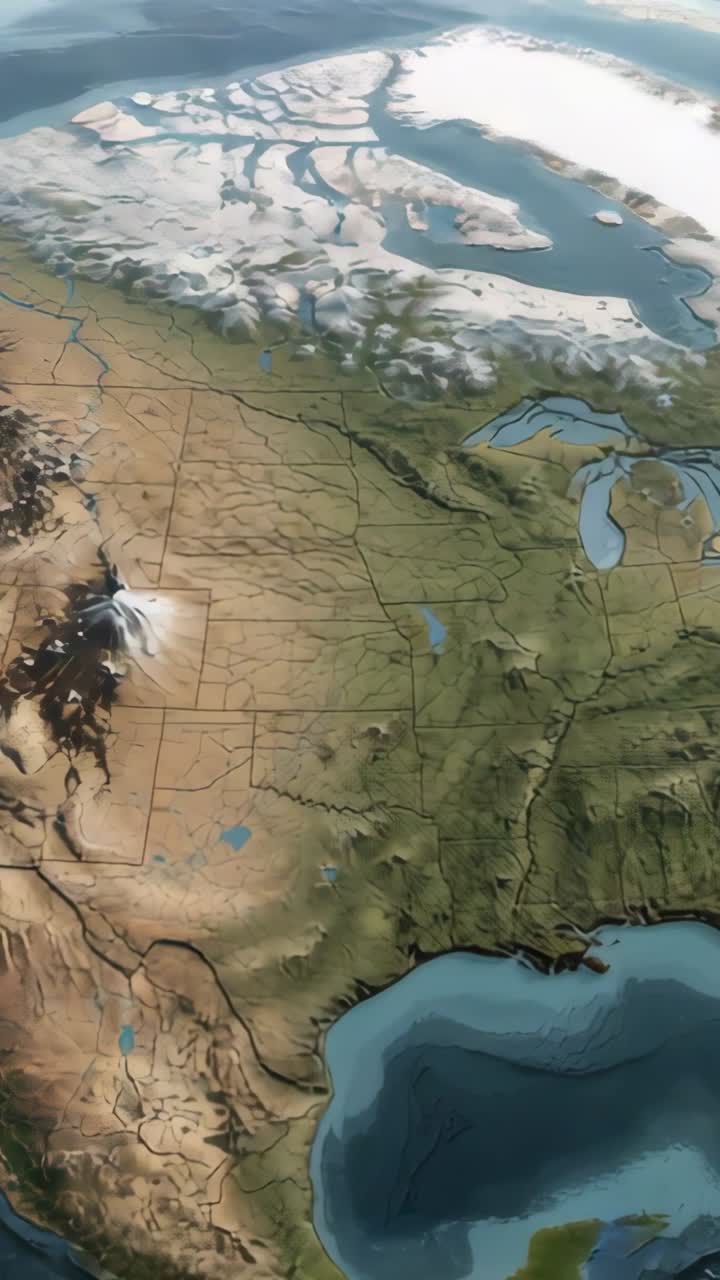 Vertical video: Showing 3D relief map panning from US to Arctic, borders and Great Lakes ice cap