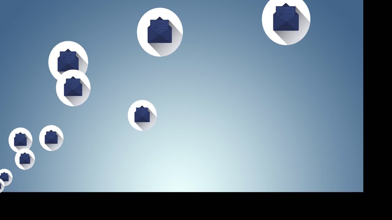 파란색 배경에 떠다니는 둥근 배너에 여러 메시지 아이콘의 디지털 애니메이션