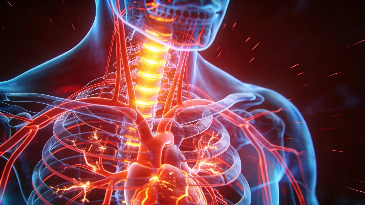 Pulsing heart inside ribcage showing circulation along veins and trachea, camera rising in space