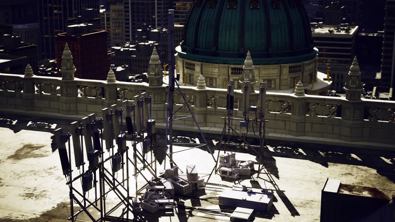 Communication equipment on rooftop of urban building in bright daylight