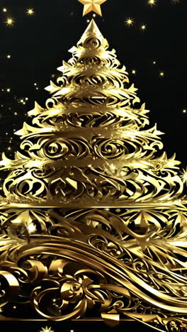 a gold tree with stars on it is the centerpiece of a black background. the tree is ornate and has a festive feel to it, making it a perfect decoration for the holiday season