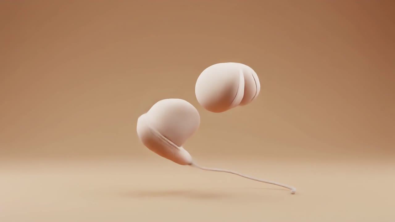 3D Render of Pink Earbuds Floating and Rotating on Beige Background