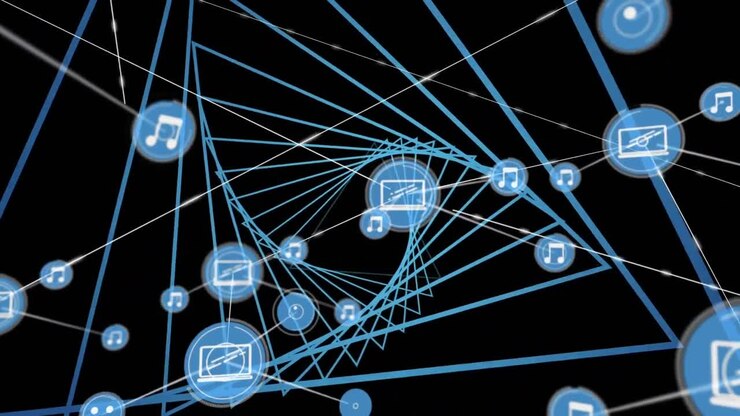 Digital animation of network of digital icons against neon blue glowing tunnel on black background