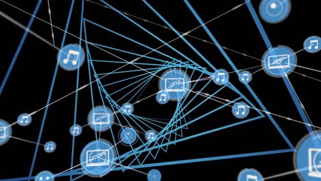 digital animation of network of digital icons against neon blue glowing tunnel on black background