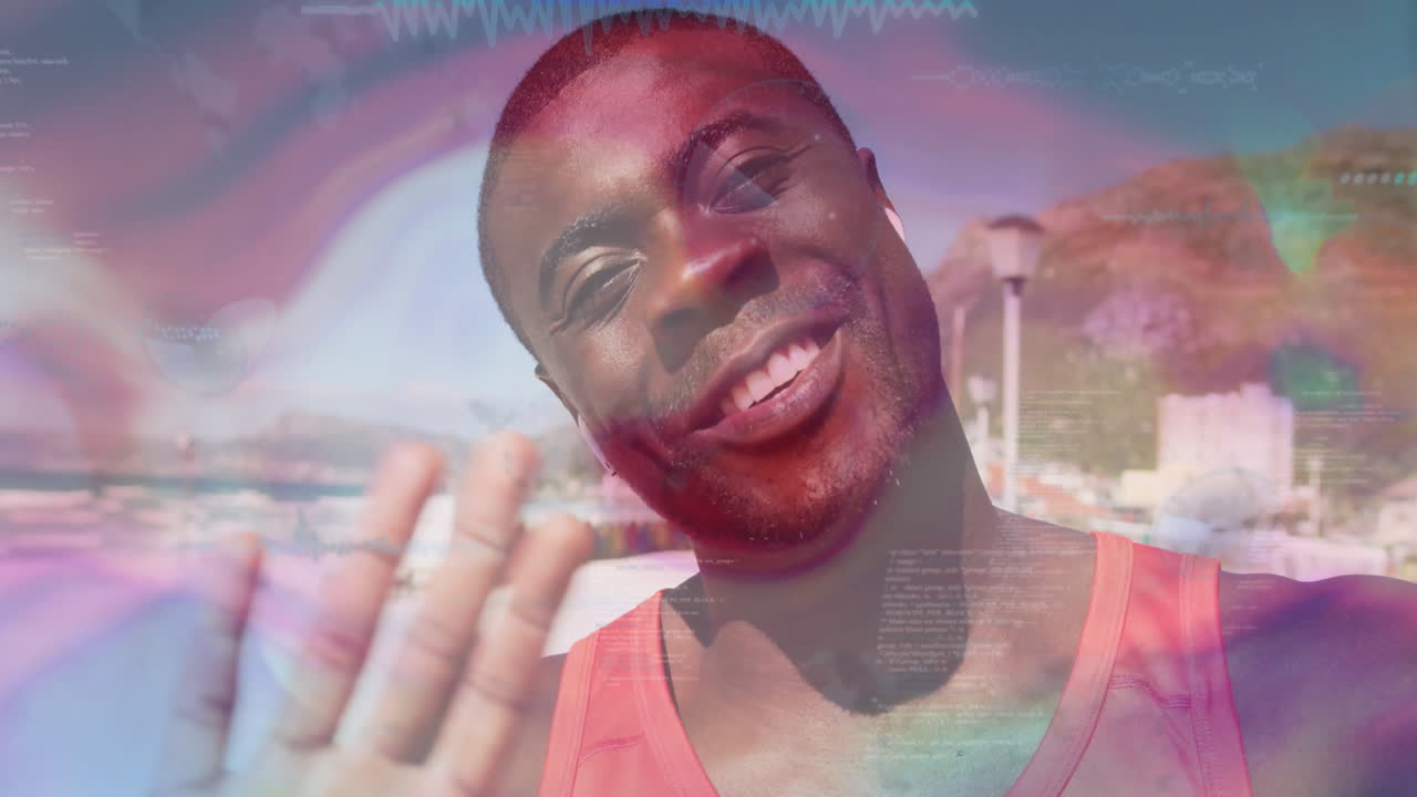 Man wearing wireless earbuds waving by seaside coast, showing technology theme with floating charts