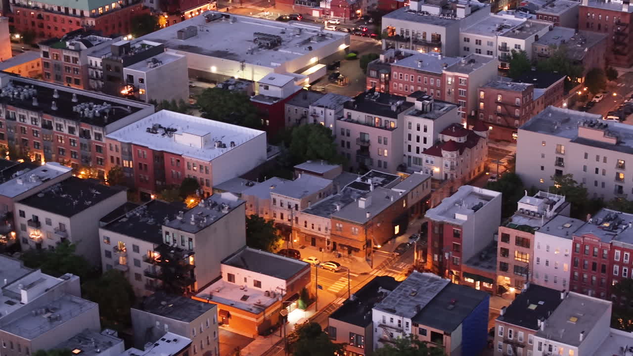 Aerial view of homes in Hoboken, New Jersey at night