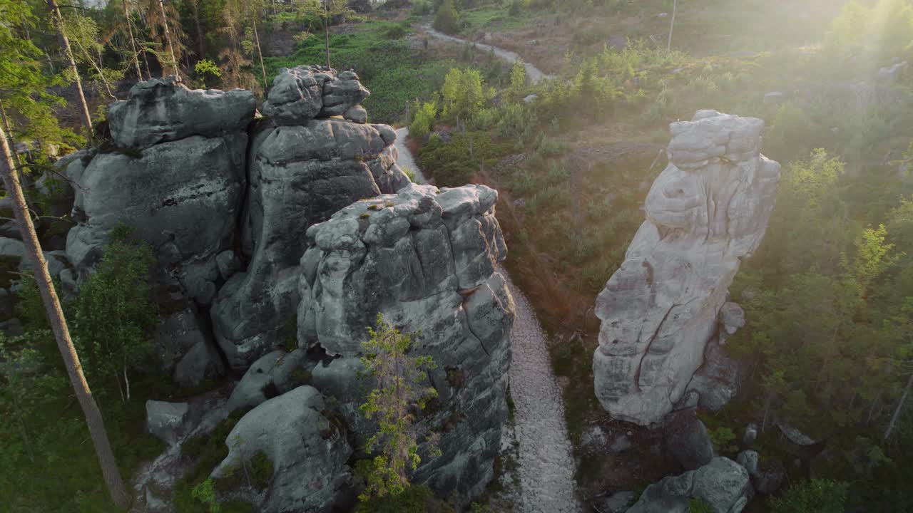 Scenic Aerial View of Rock Formations and Pathway in a Forest