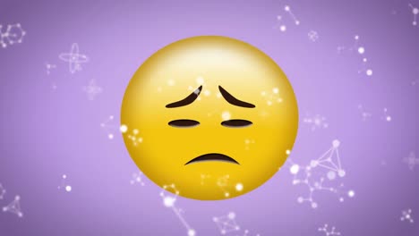 Animation-of-white-networks-moving-over-sad-emoji-on-lilac-background
