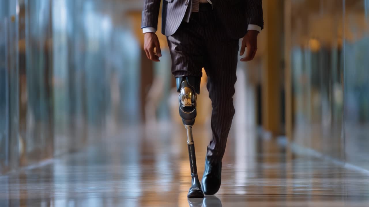 A Confident Individual Walking with a Prosthetic Leg in a Modern Corridor, Representing Resilience and Progress in Adaptive Technology and Mobility Solutions