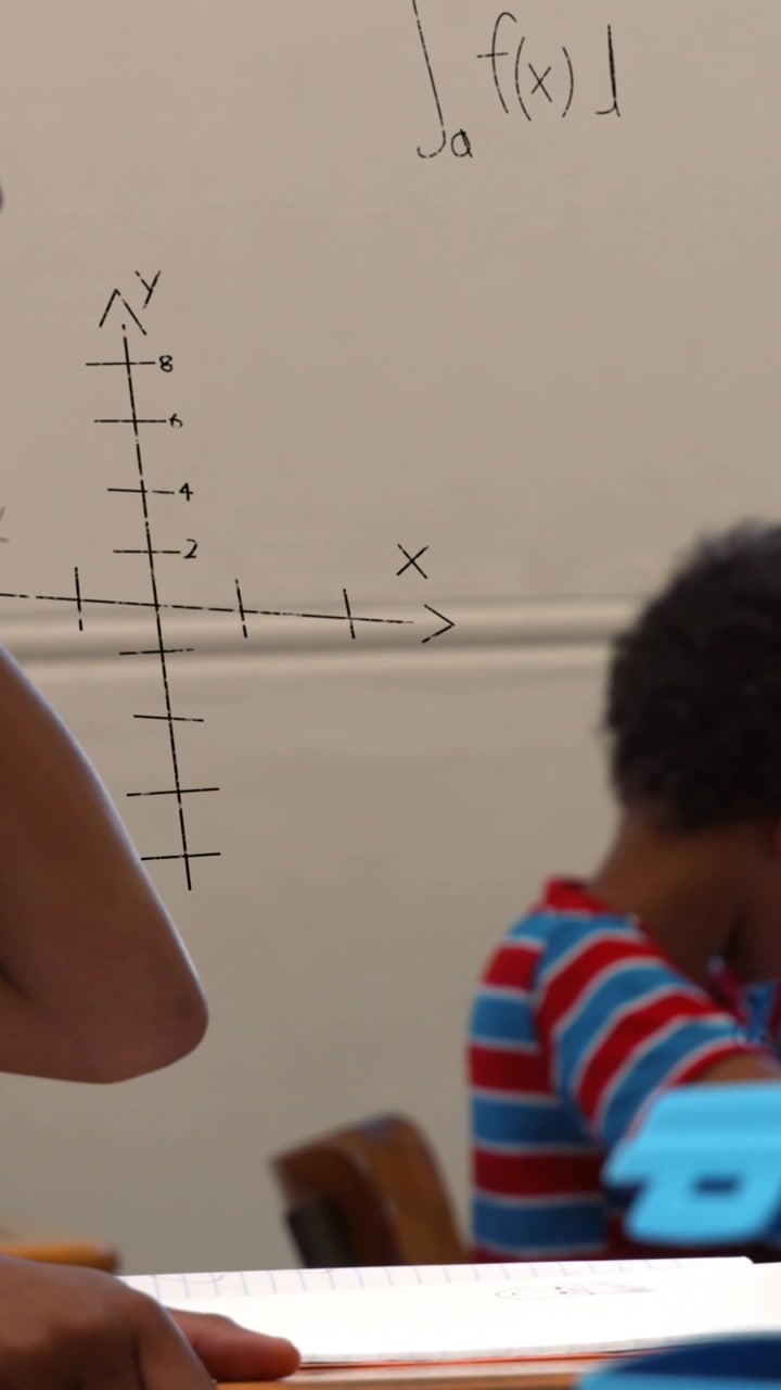 Animation of math formulas over african american children learning at school