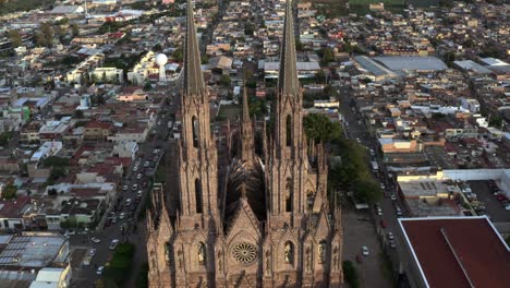 Aerial:-Zamora,-Michoacan,-Mexico,-Catedral,-Santuario