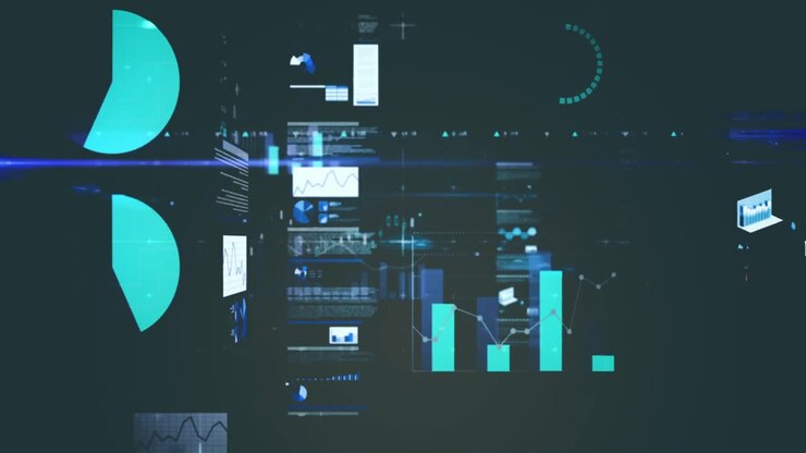 Animation of statistical data processing and blue light trails against grey background