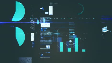 animation of statistical data processing and blue light trails against grey background