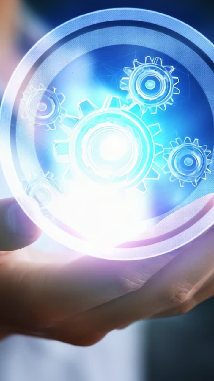 Exploring the Fusion of Technology and Innovation: A Hand Holding Digital Gears Symbolizing Automation and Smart Solutions in Modern Engineering