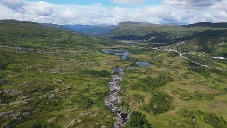 Green-Nature-Landscape-in-Hardangervidda,-Norway---Aerial