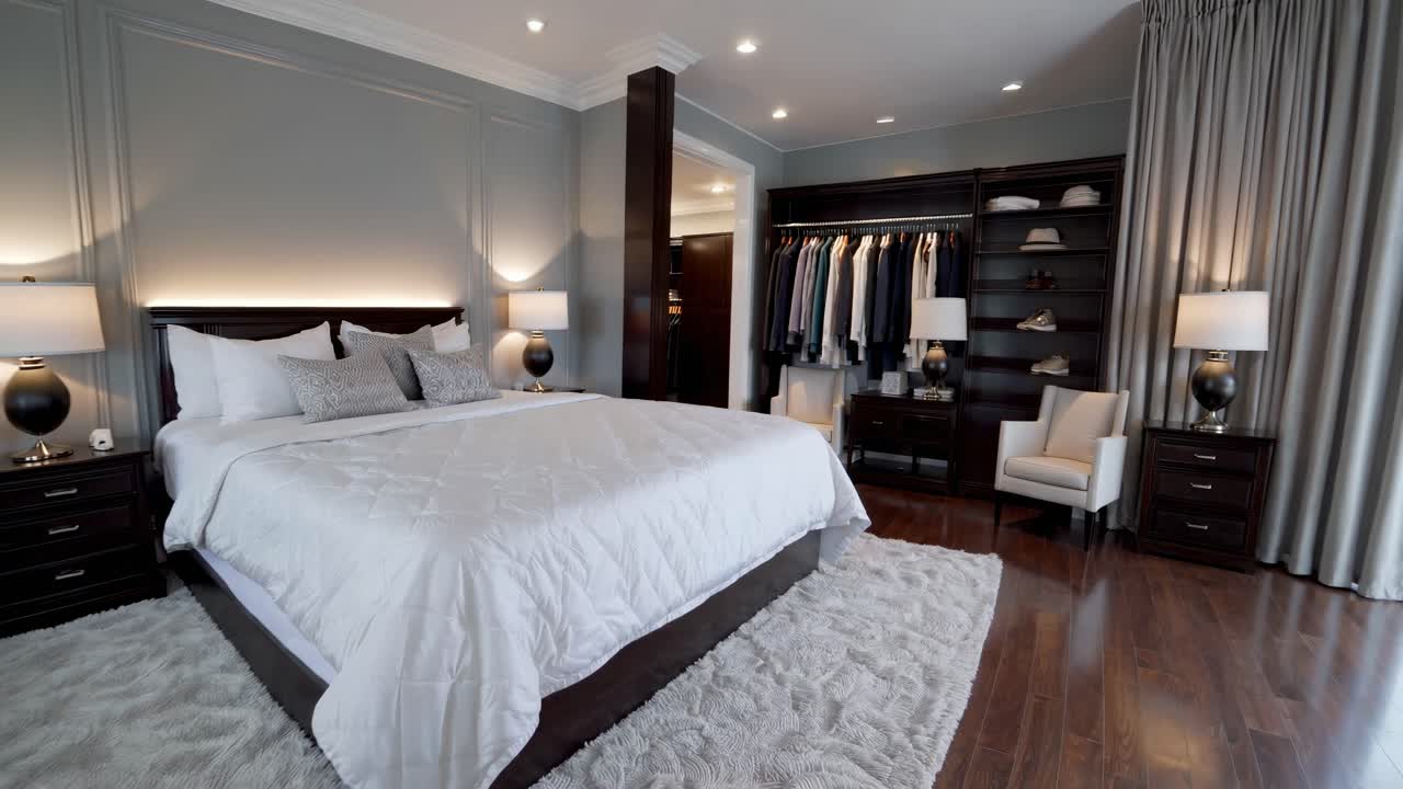 Wide-angle shot of a modern bedroom with elegant decor, showcasing a neatly organized walk-in