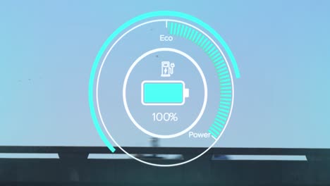 animation of interface with charging battery icon and speedometer over road