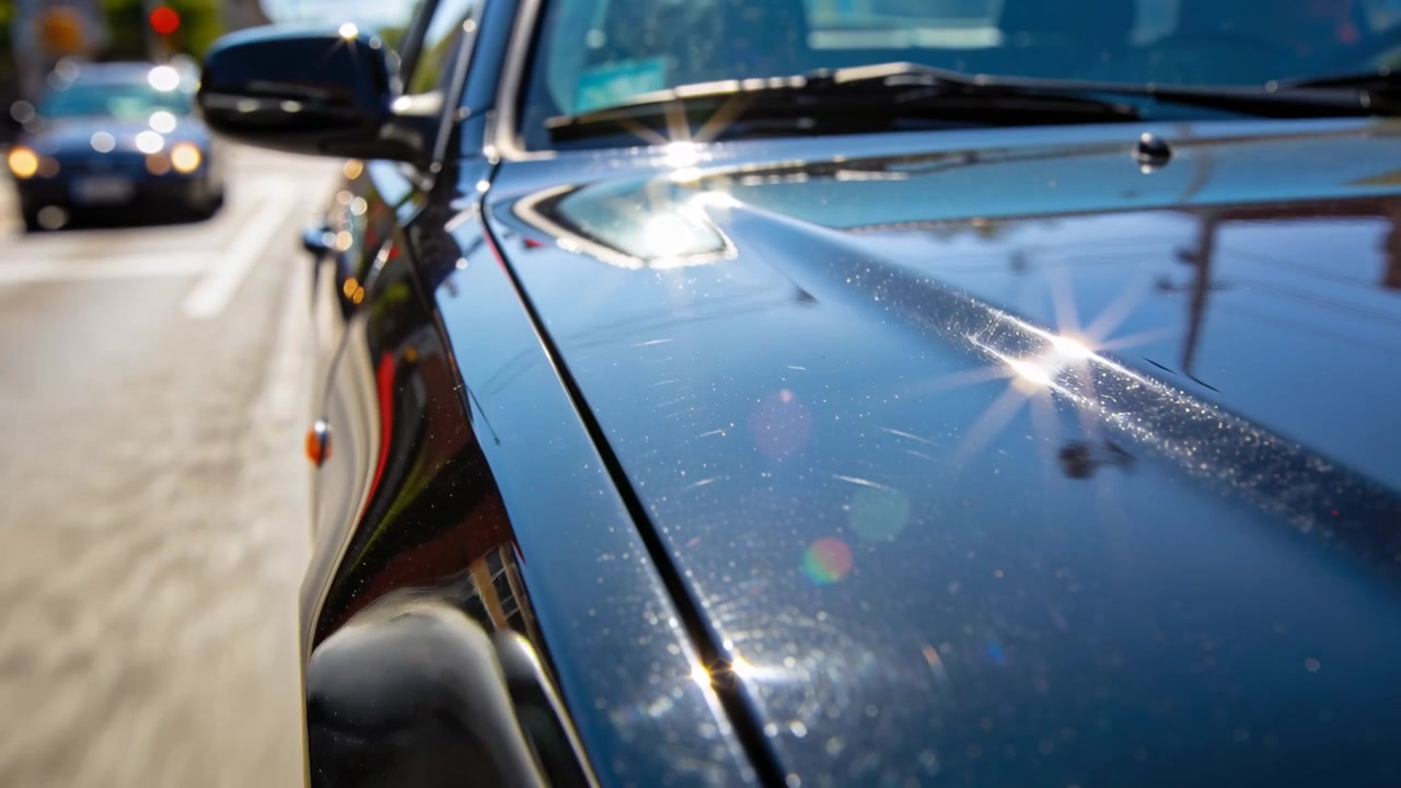 Pulling low camera revealing glossy black hood at urban crossing, showing traffic light reflection