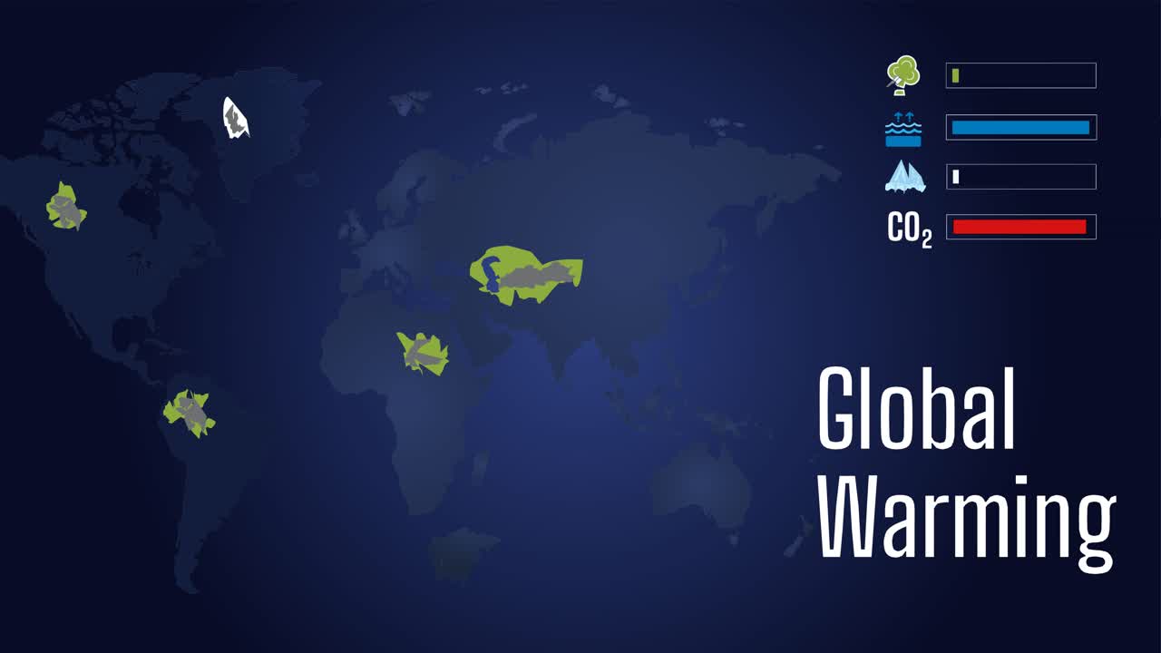 애니메이션 4k에서 지구 온난화를 보여주는 세계 지도 타임랩스, c02 수준 상승, 얼음 녹기, 수위 증가