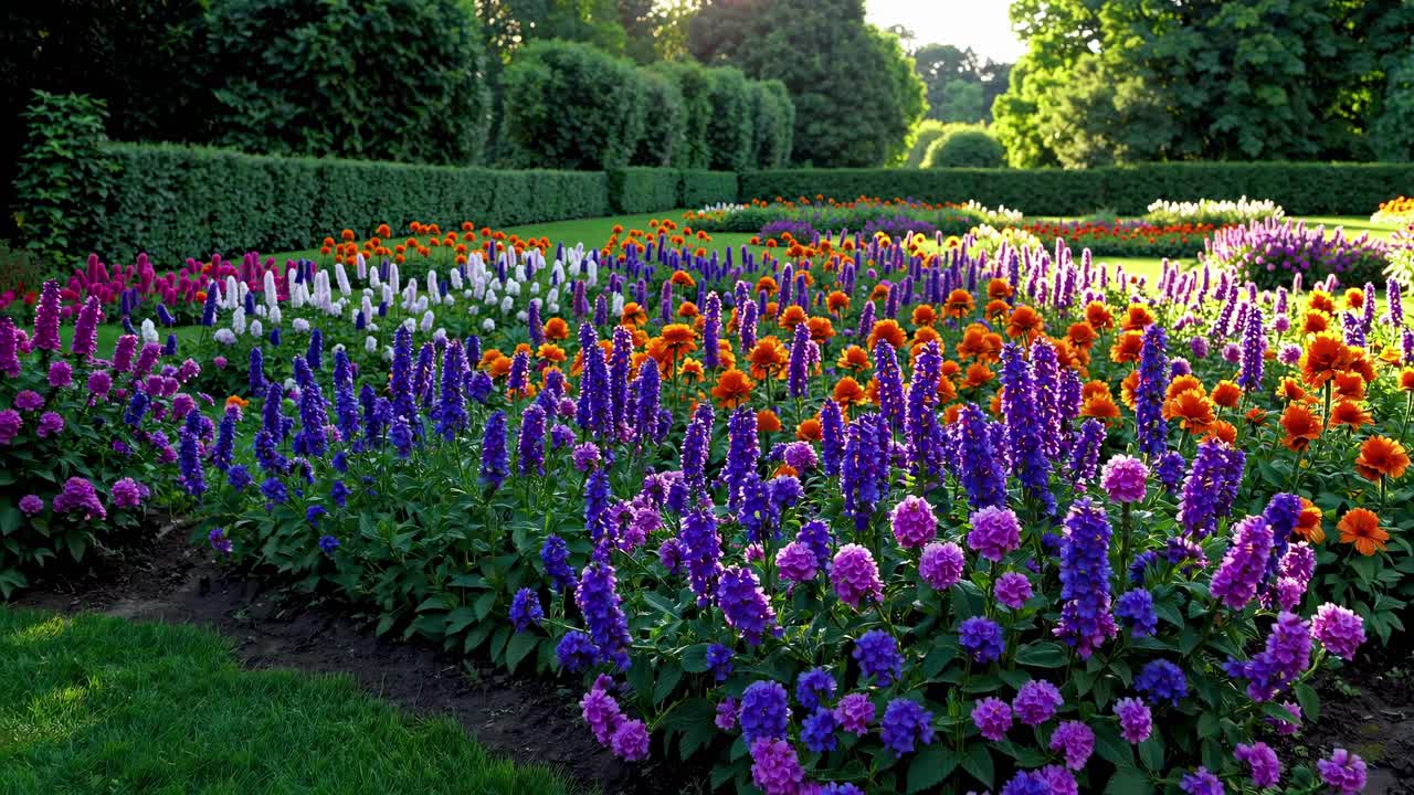 Lebendiger Garten mit bunten Blumen in voller Blüte, aus einem niedrigen Winkel aufgenommen