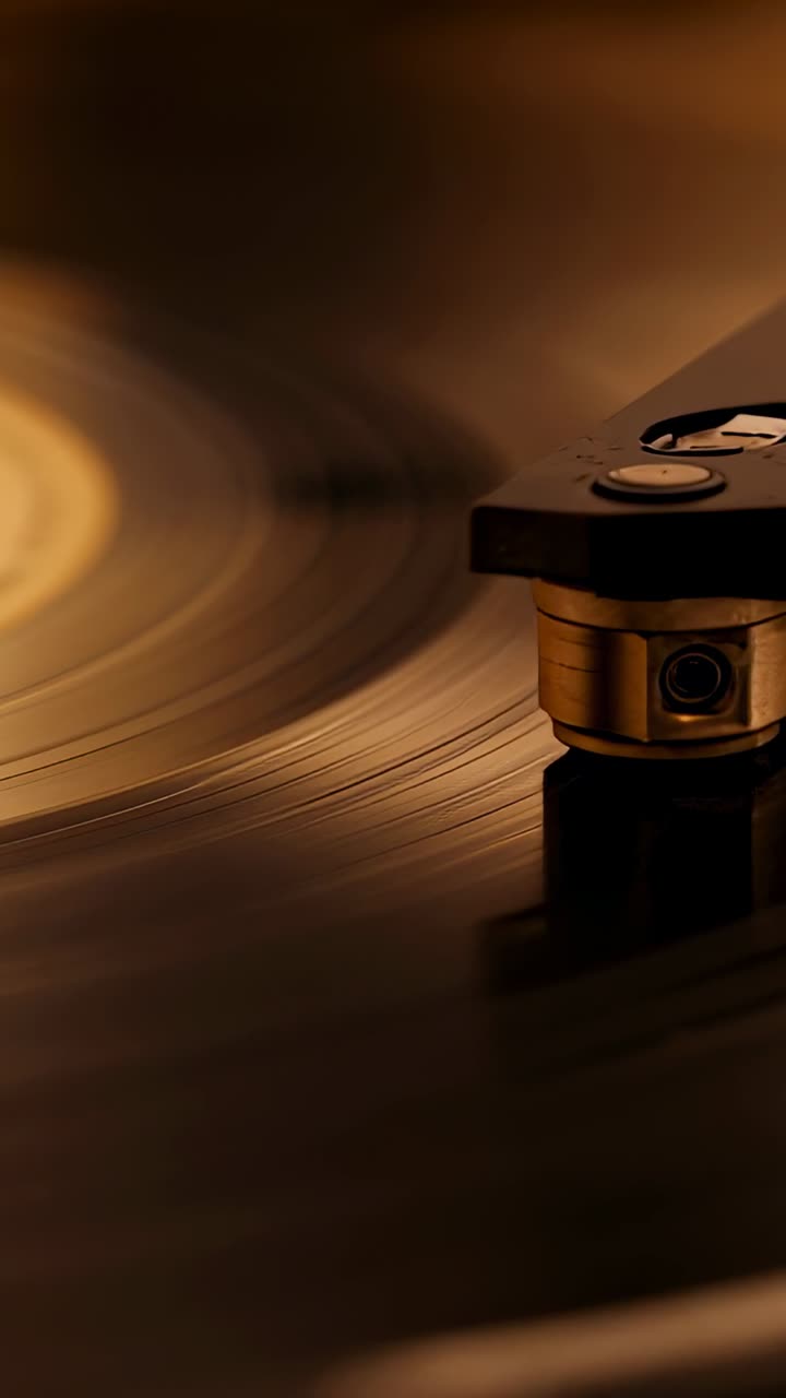 Vertical video: Spinning record tonearm guiding stylus cartridge into grooves at home, copy space
