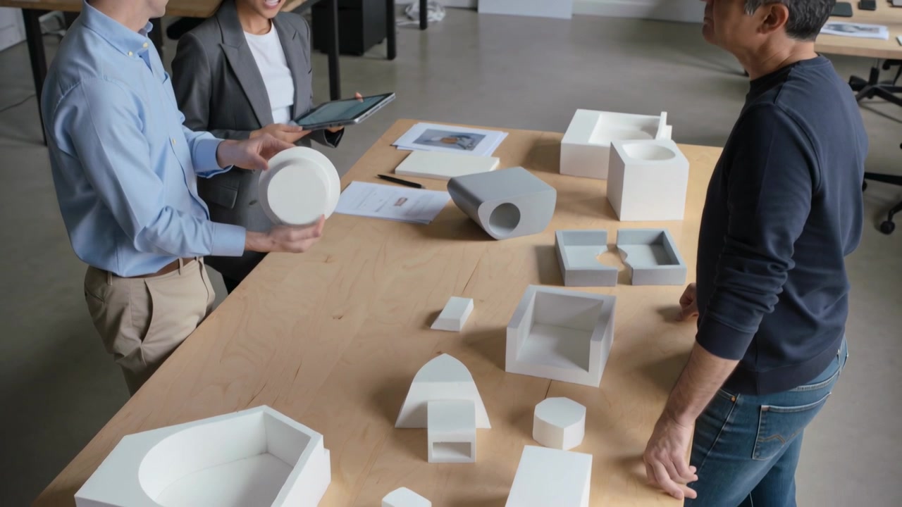 Rotating man in blue shirt moving cylinder at studio table, woman checking tablet reviewing plans