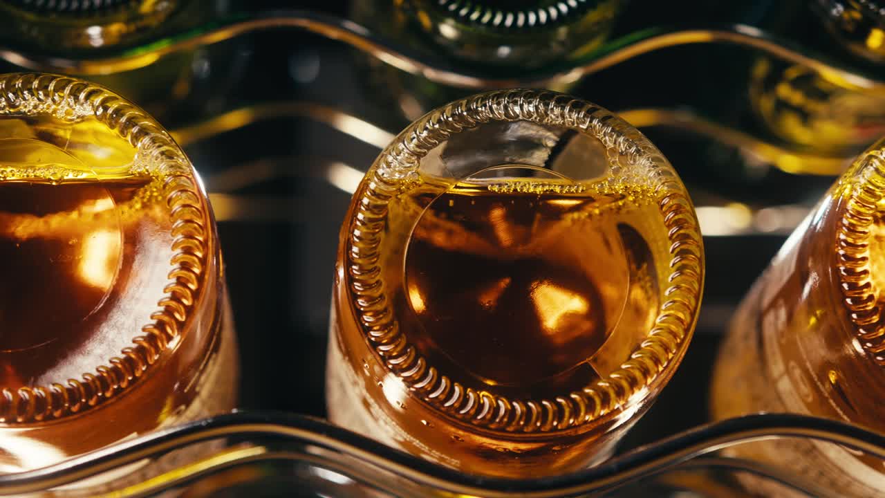 Row of beer bottles in fridge, shop or hotel, cold lager craft german beer or cider, shop supermarket or wine cooler close up.