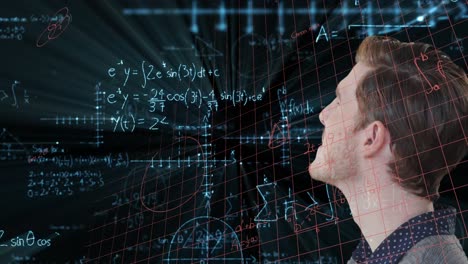 animation of mathematical equations over thoughtful caucasian businessman against black background