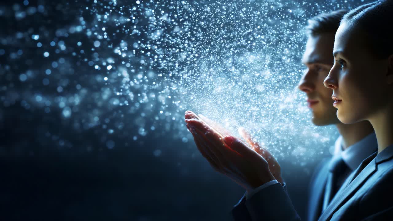 In a mesmerizing display of light and particles, two individuals stand side by side in a darkened environment, their hands cupping a sparkling essence that represents hope and innovation
