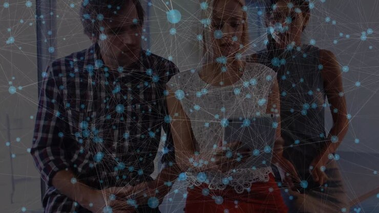 Animation of network of connections over caucasian male and female coworkers in office