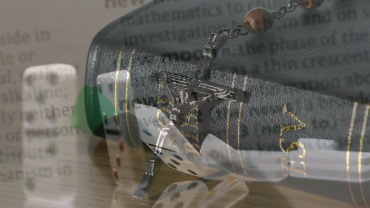 Bible with rosary beads resting on pages, focus on faith and chance