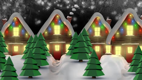 animación de nieve cayendo sobre las casas con luces de hadas