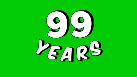 animated footage of the number " 99 years" with a green screen background. the number is presented in a modern and dynamic style, perfect for editing birthday videos, anniversaries video element