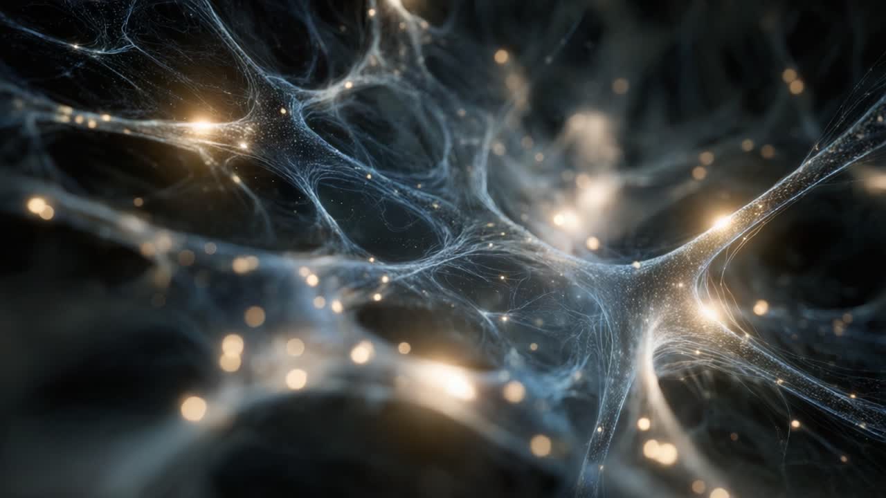 Abstract visualization of a neural network or brain activity showing neurons firing and communicating with each other through a complex web of synaptic connections on a dark background