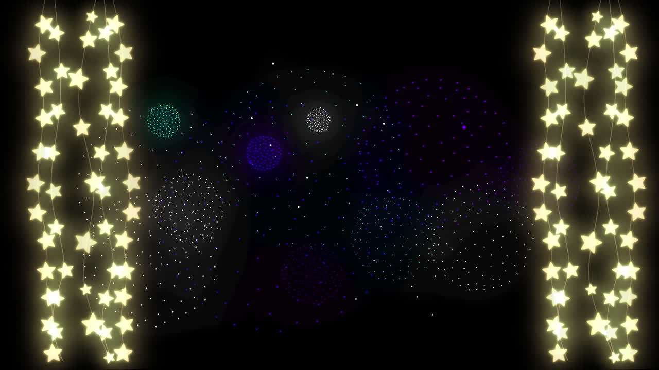 검은색 배경에 모양과 불꽃놀이 위에 요정 불빛의 애니메이션