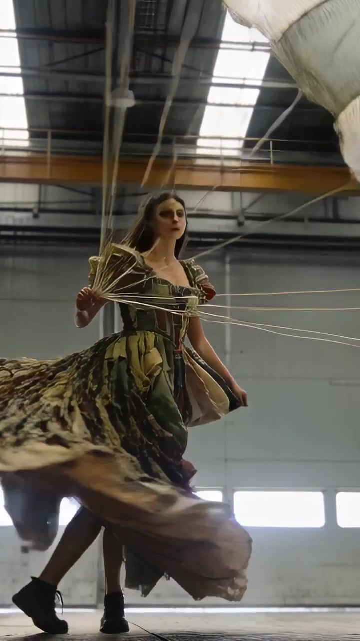 Video verticale: Ballerina con tessuto svolazzante che tira le corde in un hangar, con gonna a strati e stivali, mentre lo tiene.