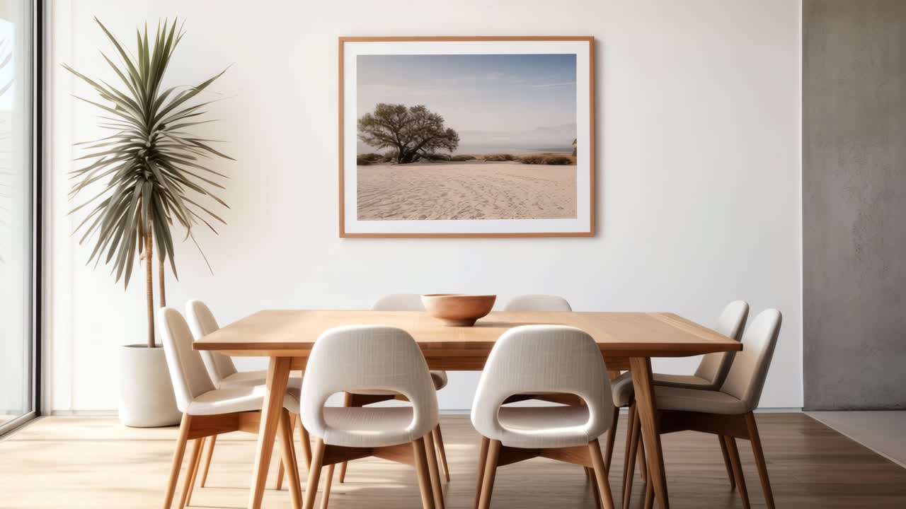Modern dining room with minimalist decor, featuring a framed landscape photo