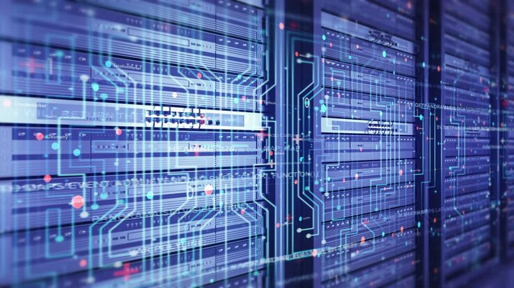 Крупный план современного сервера в центре обработки данных. Футуристический бесшовный цикл