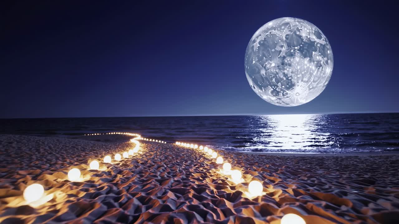 A serene video scene with a low-angle view of a moonlit beach, featuring glowing lights leading