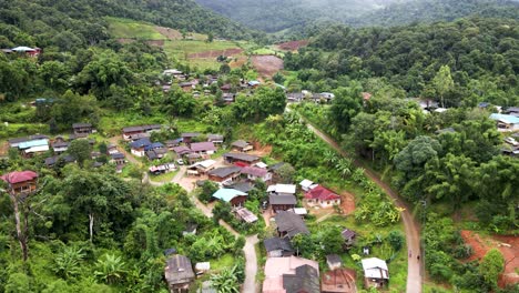 aerial view of karen tribe village in chiang mai and terrace farms on hillside