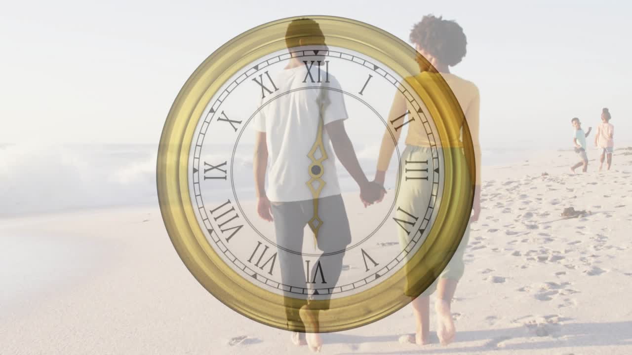 Travel ad revealing clock overlay showing time passing, couple holding hands, children splashing