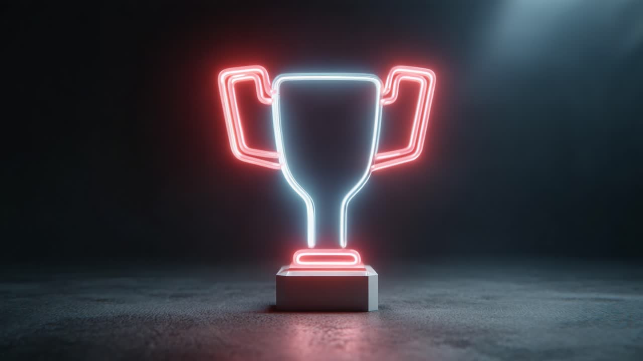 Glowing Neon Trophy Displayed Against Dark Background Highlighting Achievement and Excellence in Competitive Sports or Other Successes