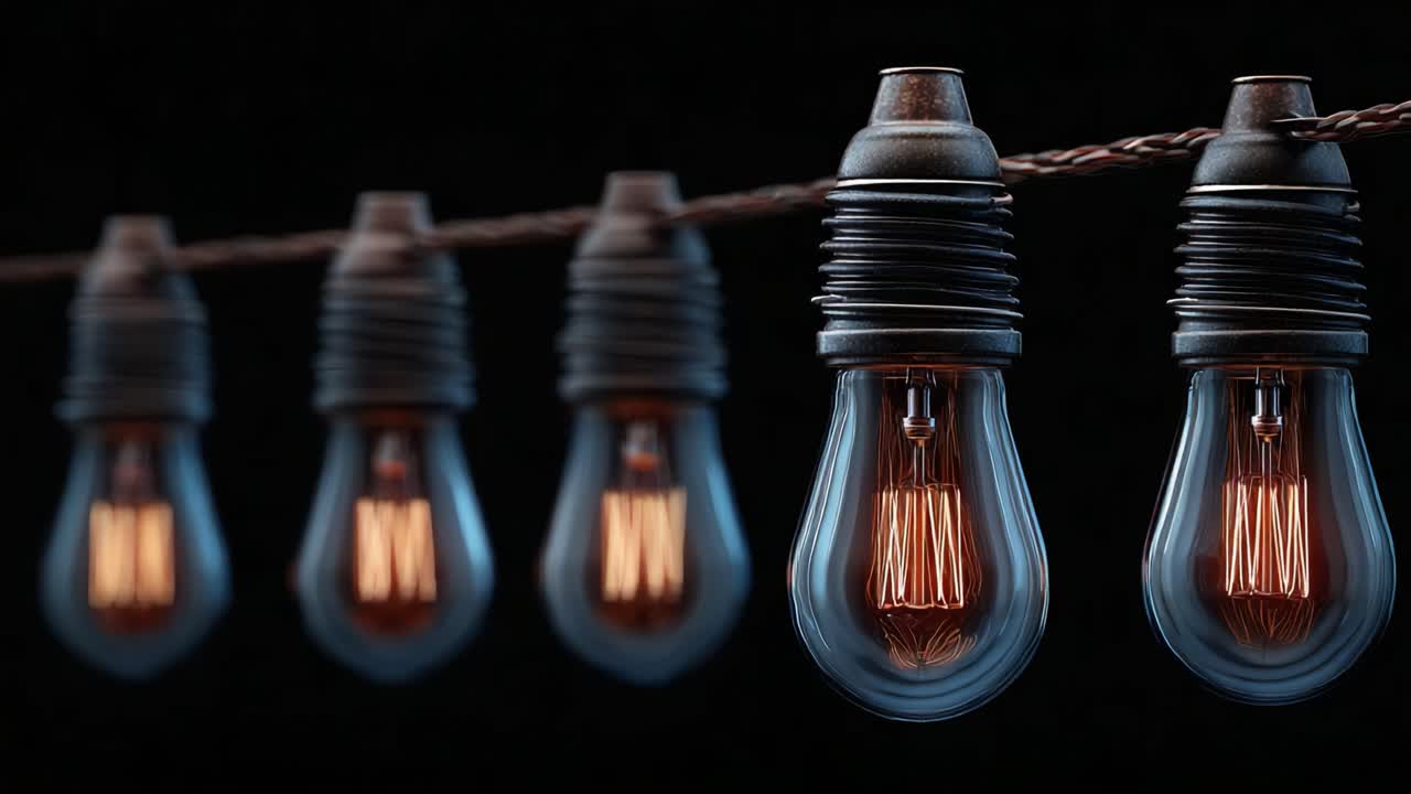 An Artistic Display of Illuminated Edison Bulbs Hanging in a Line with a Focus on Vintage Style and Warm Light Emitting Glow Against a Dark Background