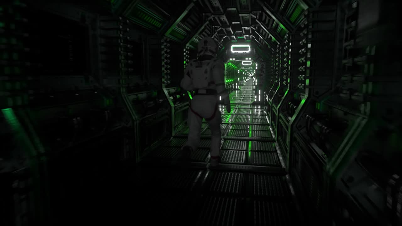 Astronaut runs through a tunnel to another compartment of the space gate. Spaceship and technology concept. 4k animation of seamless loop