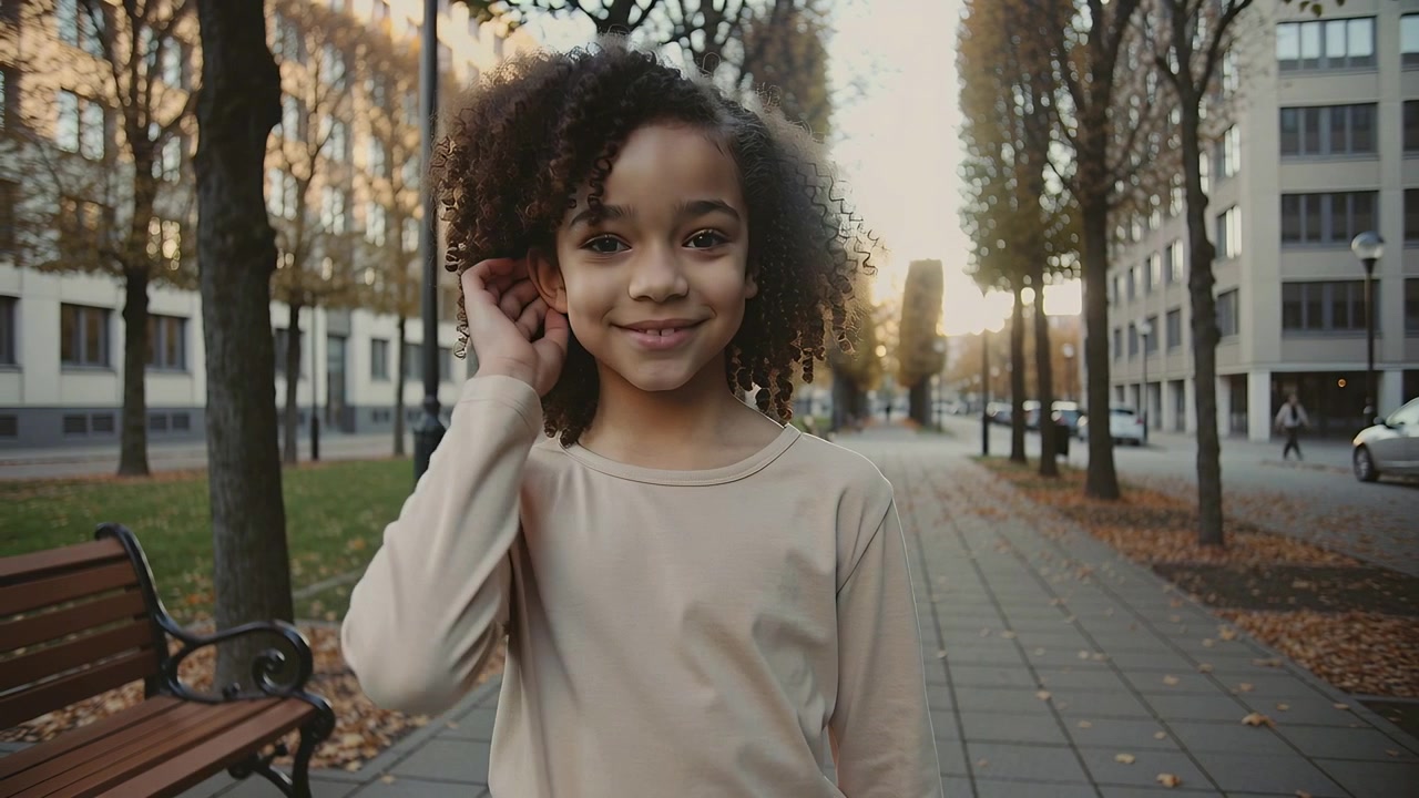 Noticing camera, walking child turning on tree-lined avenue, touching hair, smiling, cream top