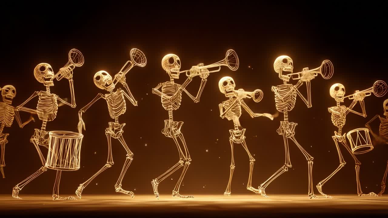 Lively Skeleton Musicians Performing a Vibrant and Energetic Musical Piece, Exuding a Whimsical and Playful Atmosphere Through Animated Skeleton Characters