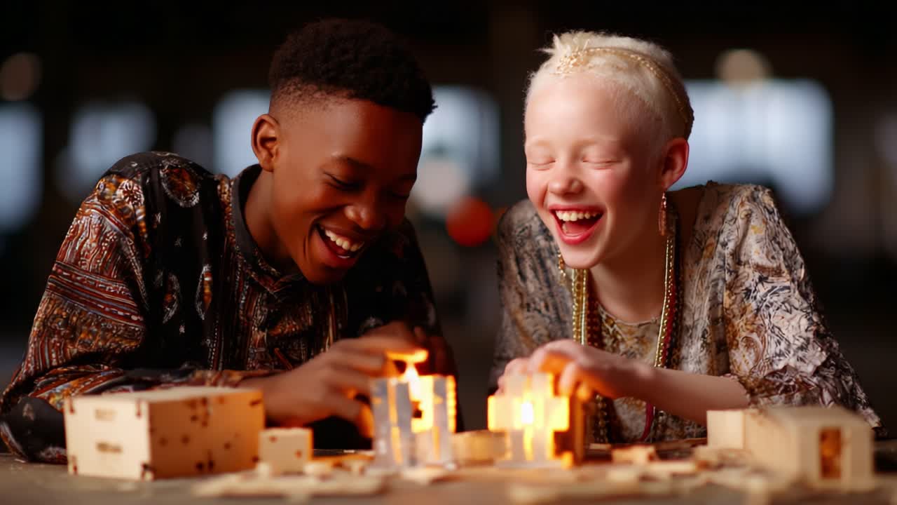 Two joyful children engage in play, constructing with wooden blocks and glowing elements, embodying creativity, laughter, and friendship in a vibrant indoor setting