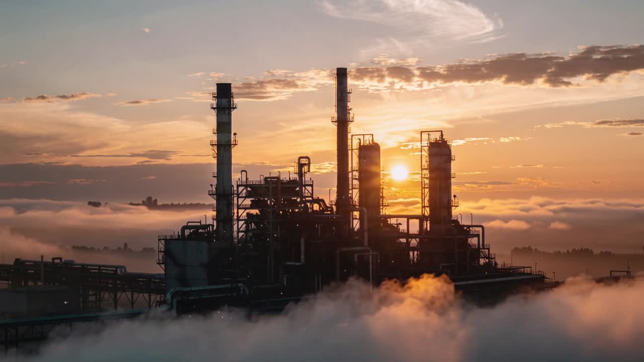 Sol naciente iluminando la silueta de una planta industrial al amanecer, destacando tuberías, torres, vapor